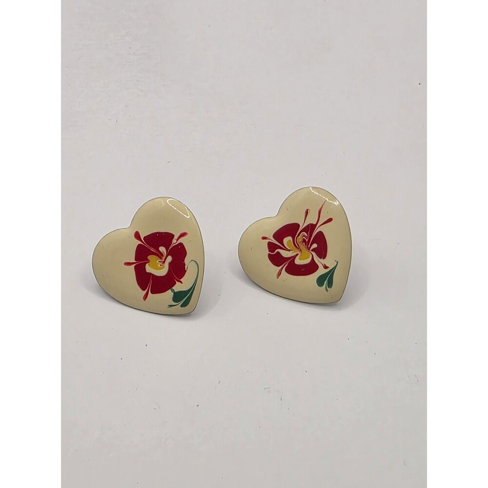 VTG Hand Painted Floral Heart Pierced Earrings Red/ Yellow Enamel 1"